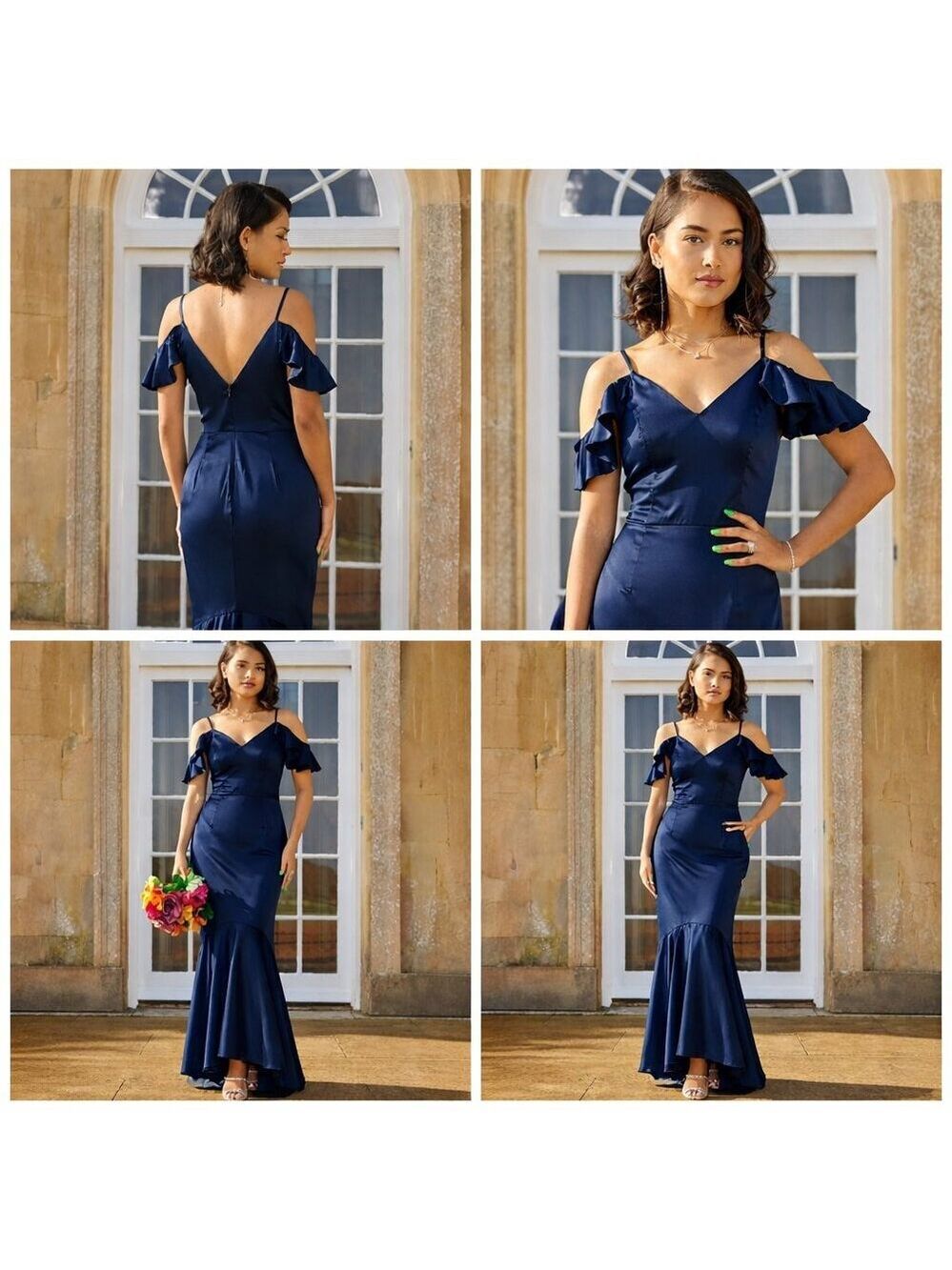 Chi Chi London Satin Cami Strap Ruffle Bodycon Dress in Navy Blue US Size 8